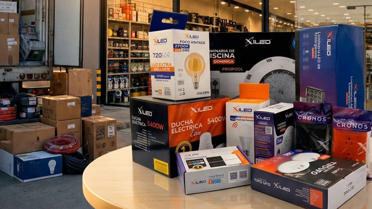 Cajas de productos XILED (focos, duchas eléctricas y material eléctrico) sobre una mesa, frente a un almacén con el rótulo de la marca